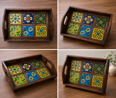 Blue Pottery Wooden Tray 6 Tiles