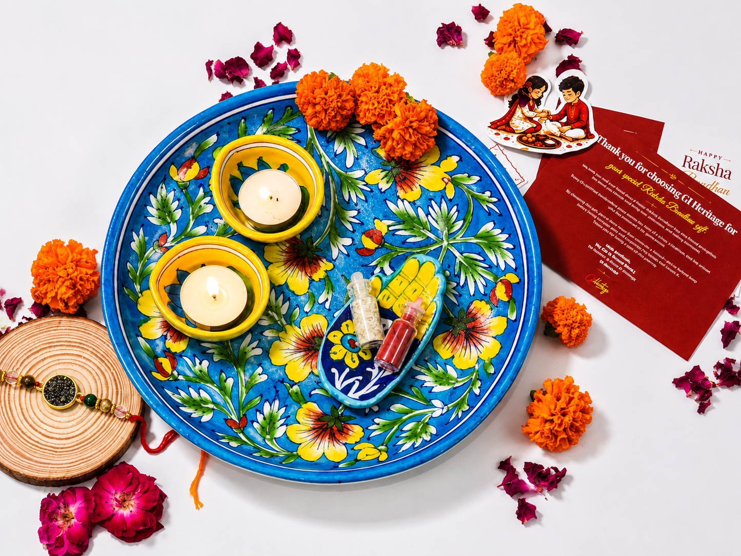 Jaipur Blue Pottery Rakhi Gift Hamper-Rakhi Thali Set Combo 1