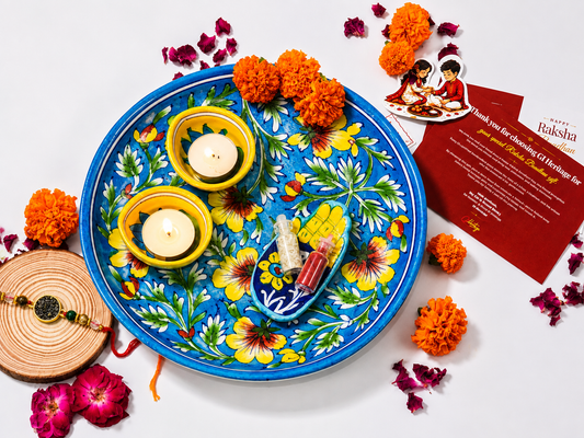 Jaipur Blue Pottery Rakhi Gift Hamper-Rakhi Thali Set Combo 1