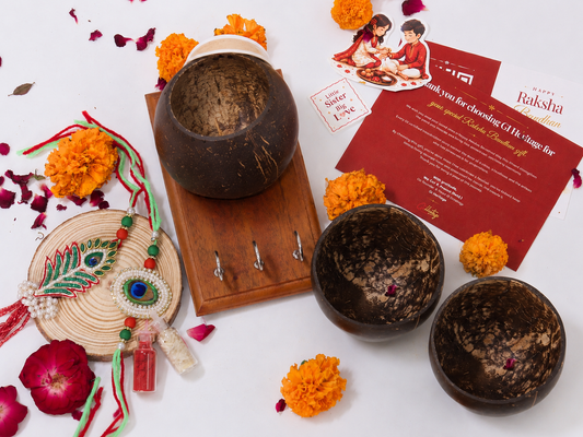 Coconut Shell Serveware Set with keyholder-Bhaiya-Bhabhi Rakhi Gift Hamper Combo 7