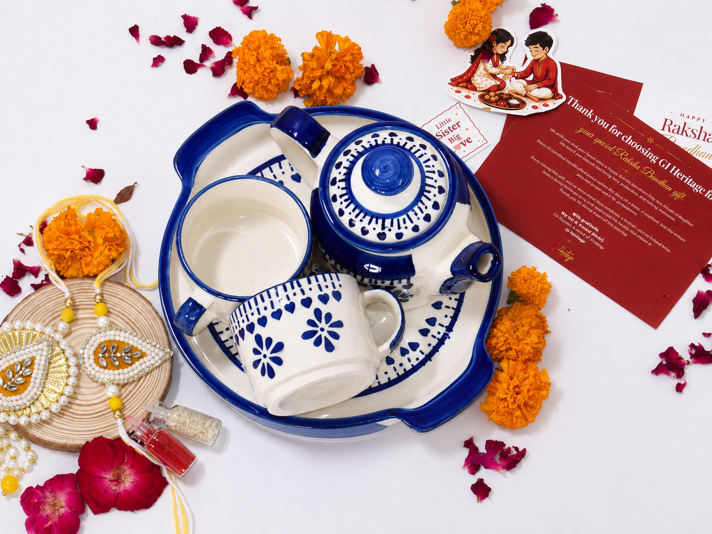 Blue Pottery Tea Kettle Set-Bhaiya-Bhabhi Rakhi Gift Hamper Combo 11