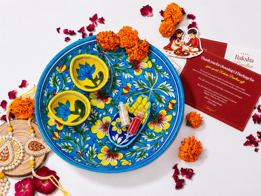 Jaipur Blue Pottery Bhaiya Bhabhi Rakhi Gift Hamper-Rakhi Thali Set Combo 2
