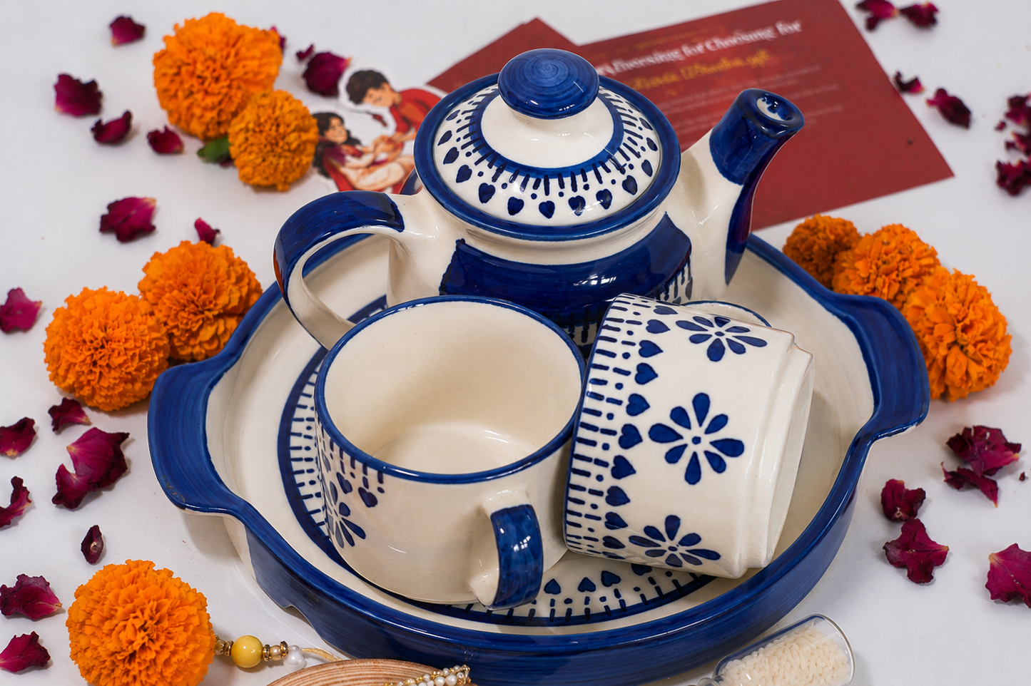 Blue Pottery Tea Kettle Set-Bhaiya-Bhabhi Rakhi Gift Hamper Combo 11