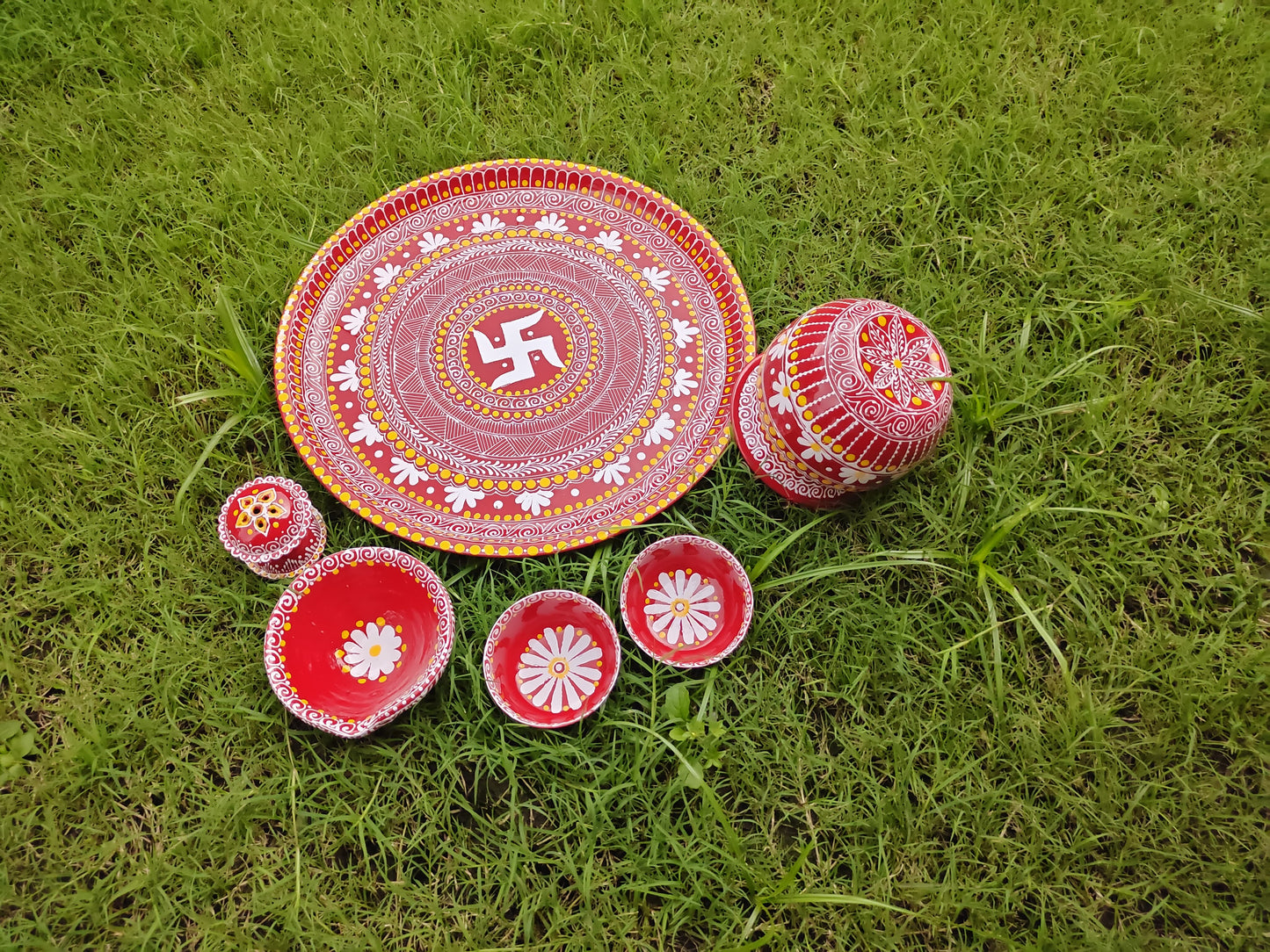 Aipan Art Pooja Thali Set of Lota - Dupdani - 2 Katori - 1 Diya