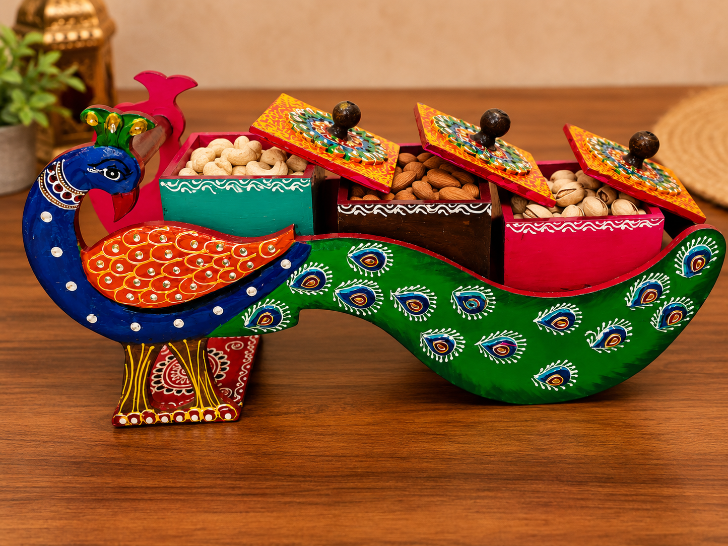 Peacock Design Wooden Dry Fruit Box