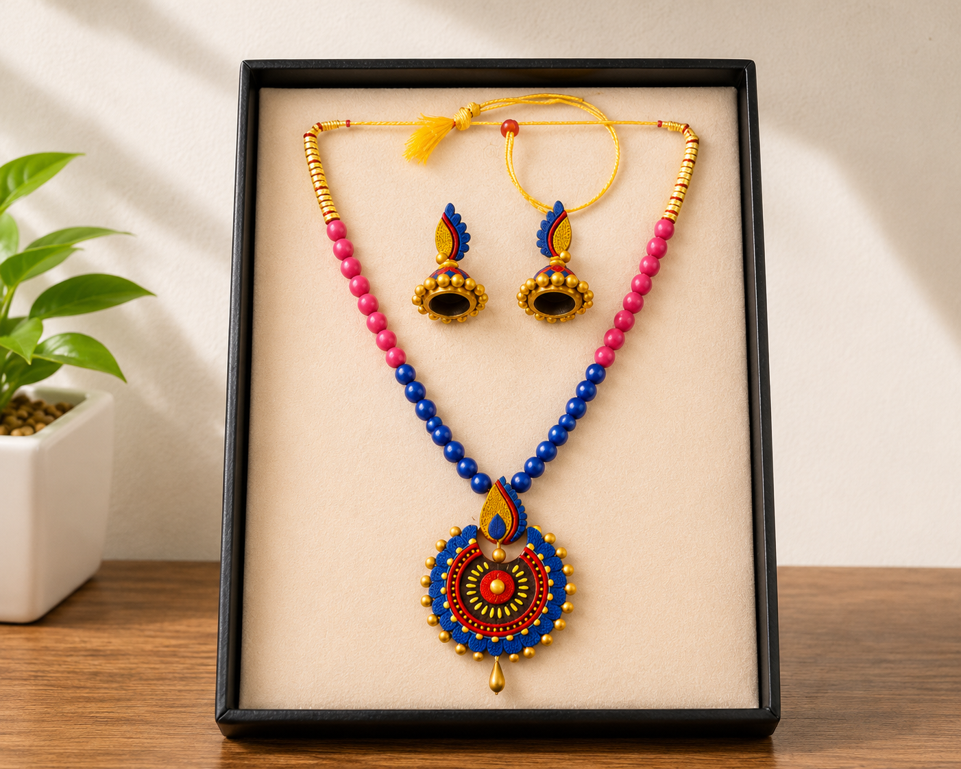 Multi-color Bankura Panchmura Terracotta Craft Necklace Jewellery Set