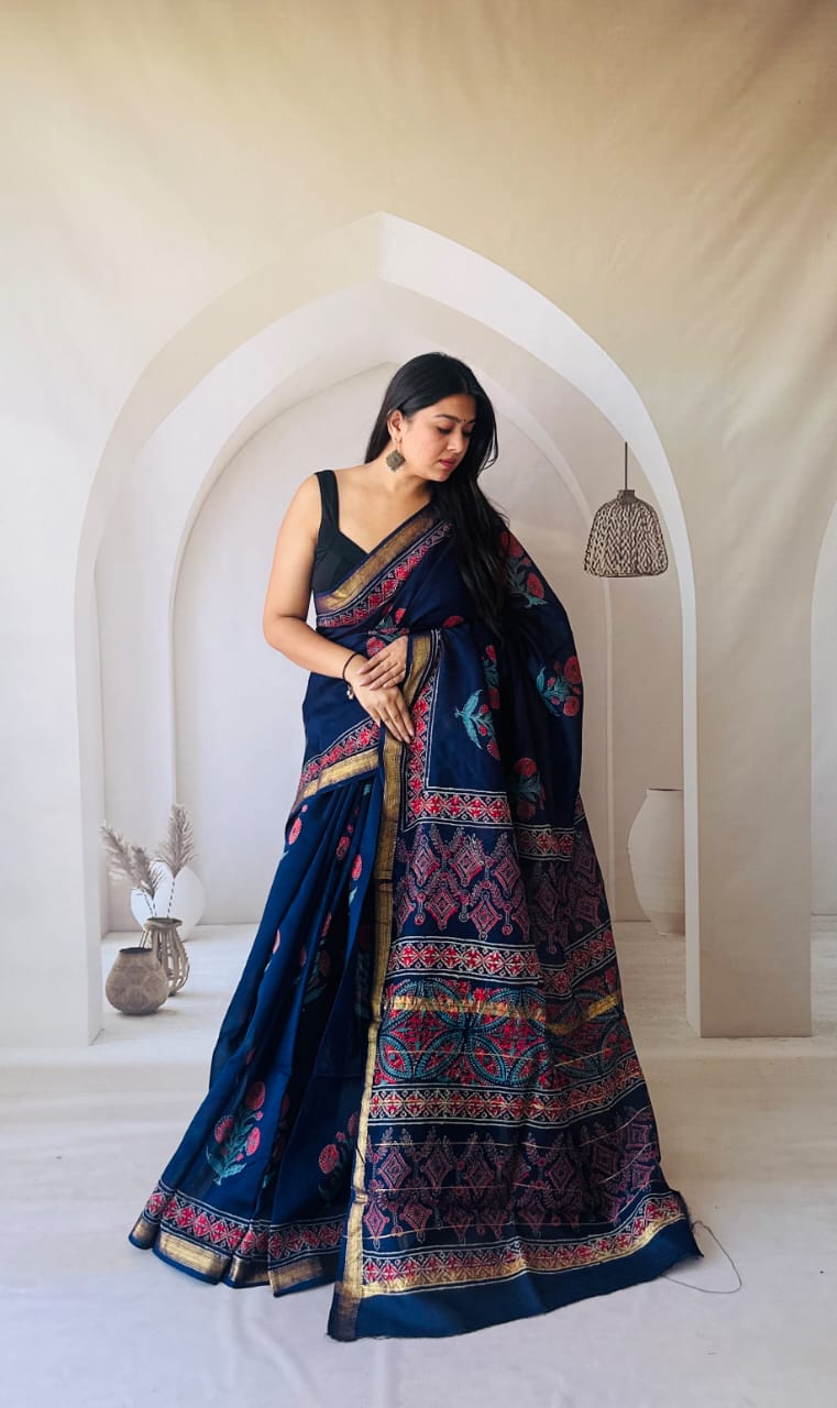 New Exclusive Traditional Hand Block Printed Maheswari Silk Saree With Blouse Piece