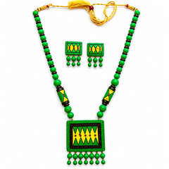 Green & Yellow Bankura Panchmura Terracotta Craft Necklace Jewellery Set