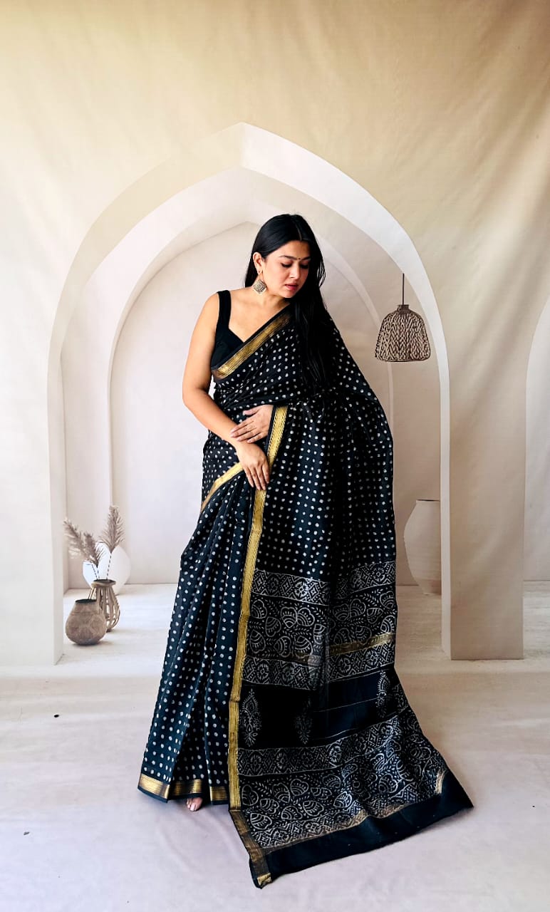 New Exclusive Traditional Hand Block Printed Maheswari Silk Saree With Blouse Piece