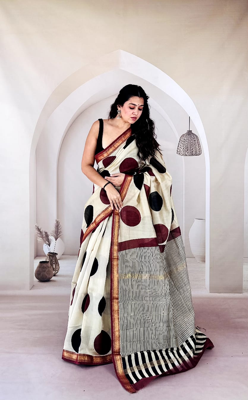 New Exclusive Traditional Hand Block Printed Maheswari Silk Saree With Blouse Piece