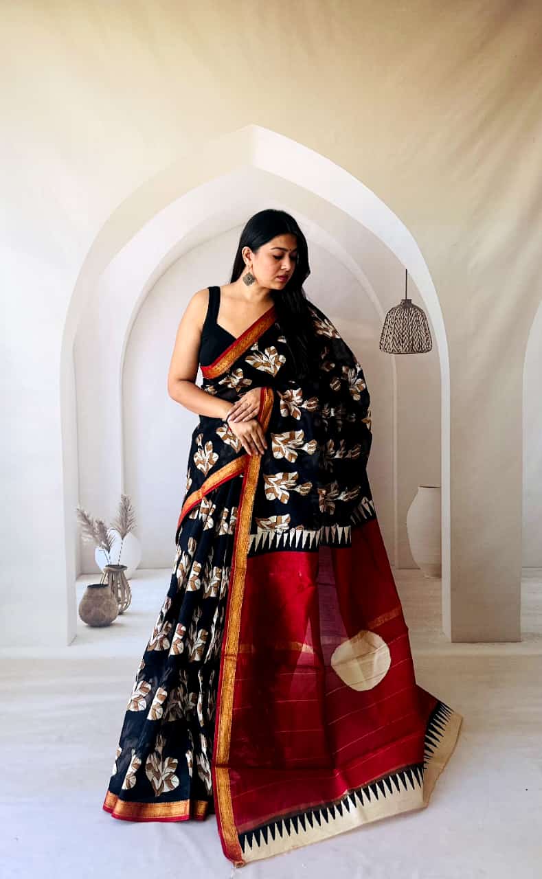 New Exclusive Traditional Hand Block Printed Maheswari Silk Saree With Blouse Piece
