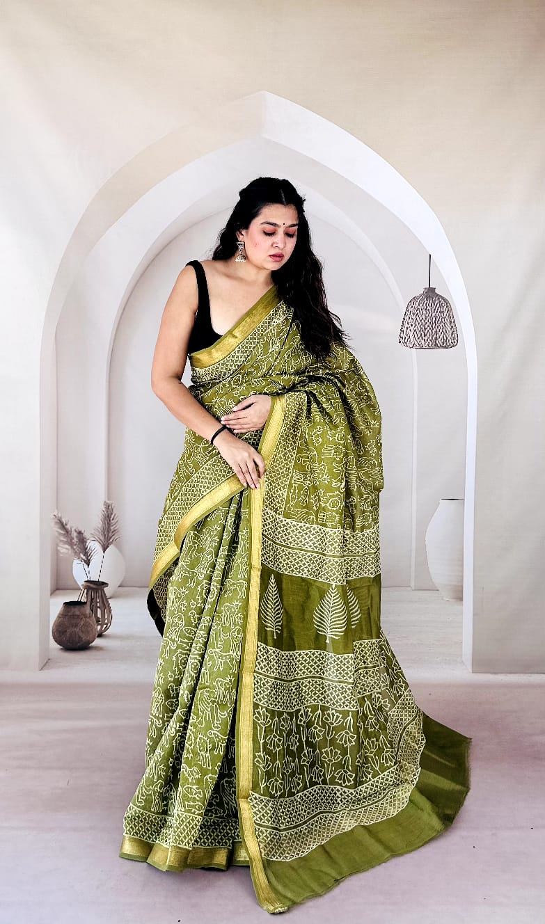 New Exclusive Traditional Hand Block Printed Maheswari Silk Saree With Blouse Piece