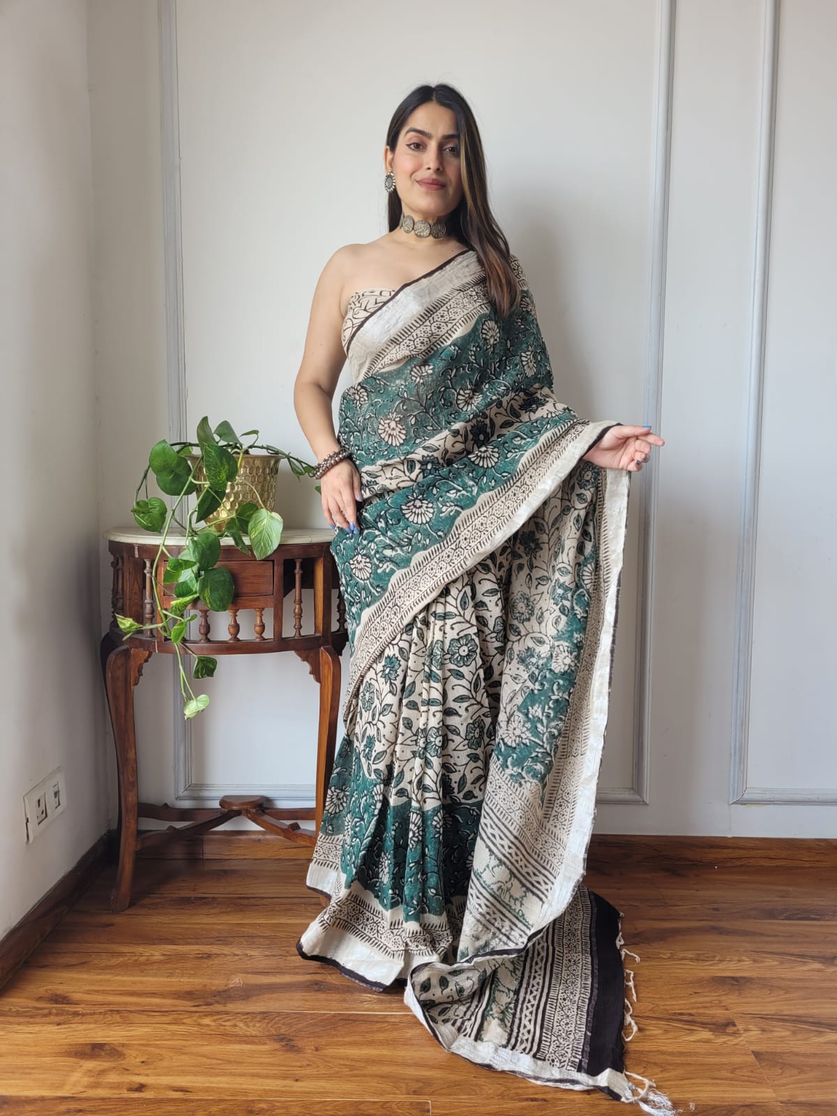 Bagru Hand Block Printed Linen Saree With Blouse Style 1