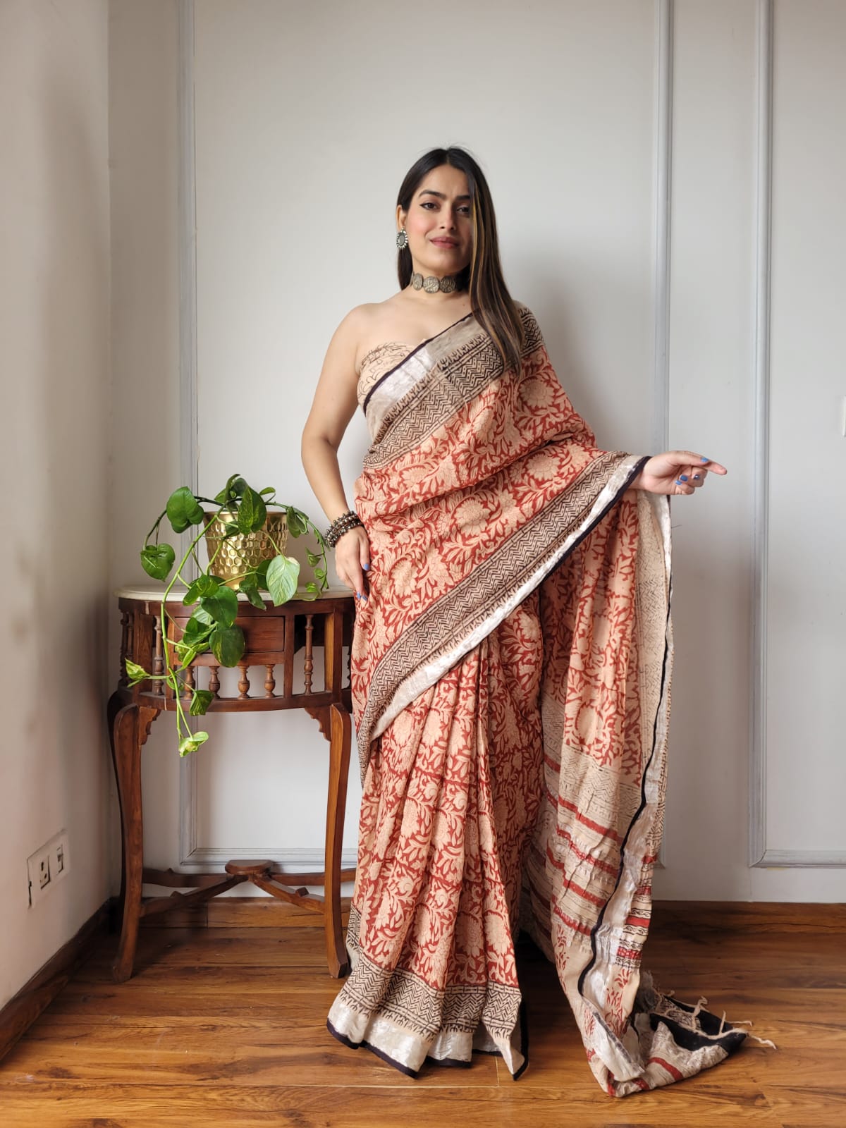 Bagru Hand Block Printed Linen Saree With Blouse Style 1