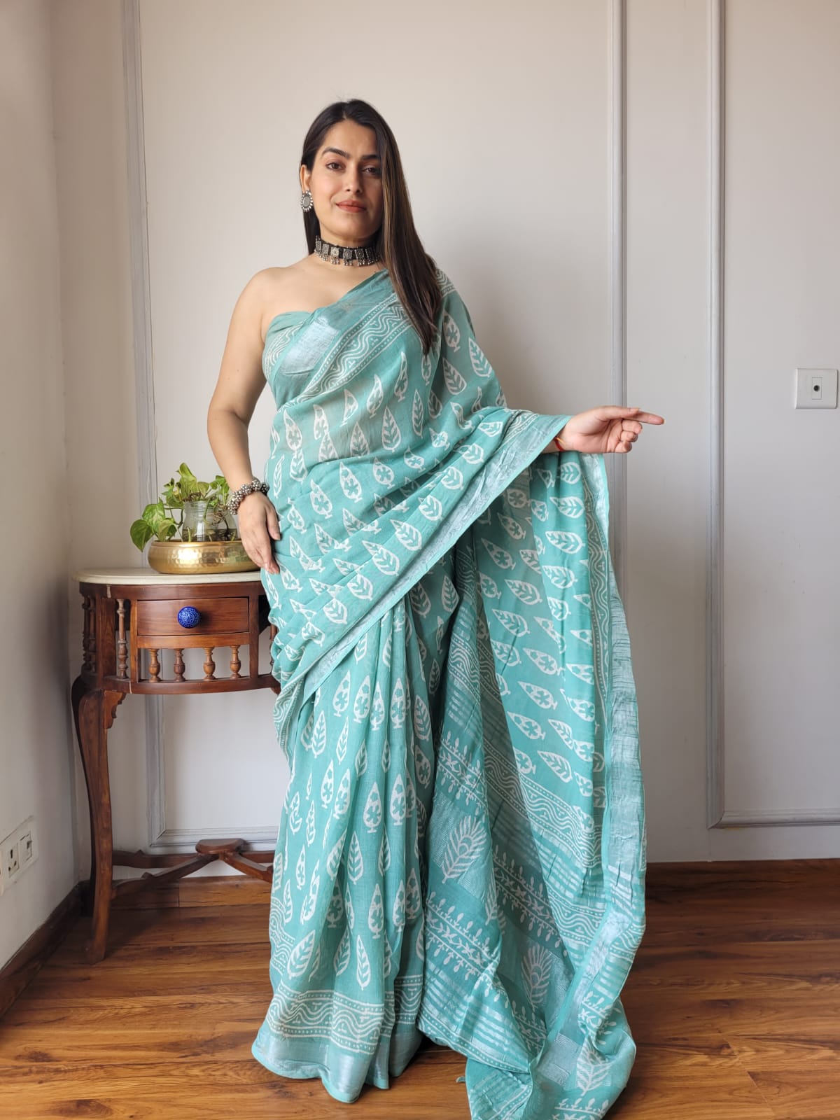Bagru Hand Block Printed Linen Saree With Blouse Style 1