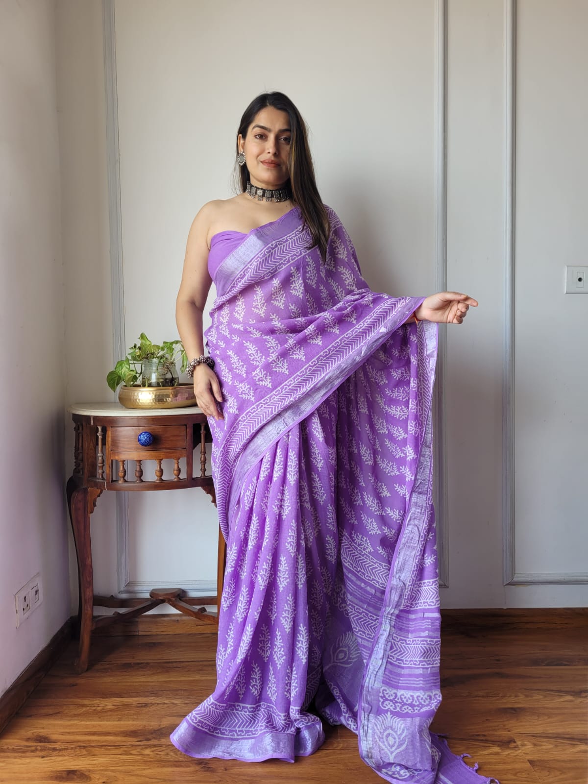 Bagru Hand Block Printed Linen Saree With Blouse Style 1