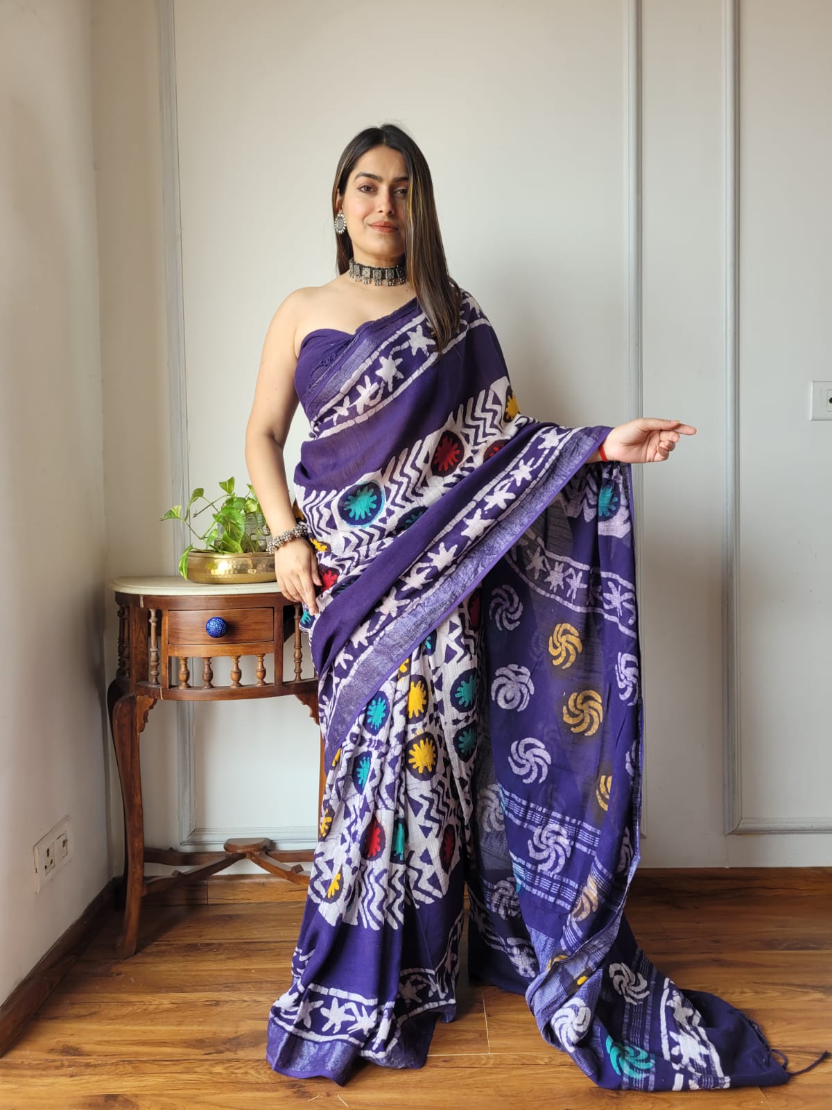 Bagru Hand Block Printed Linen Saree With Blouse Style 1