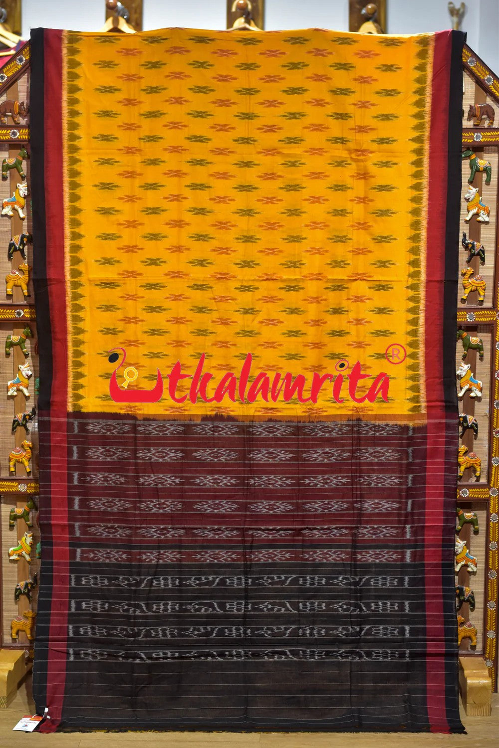 Yellow Damru Double Border Khandua Cotton Saree
