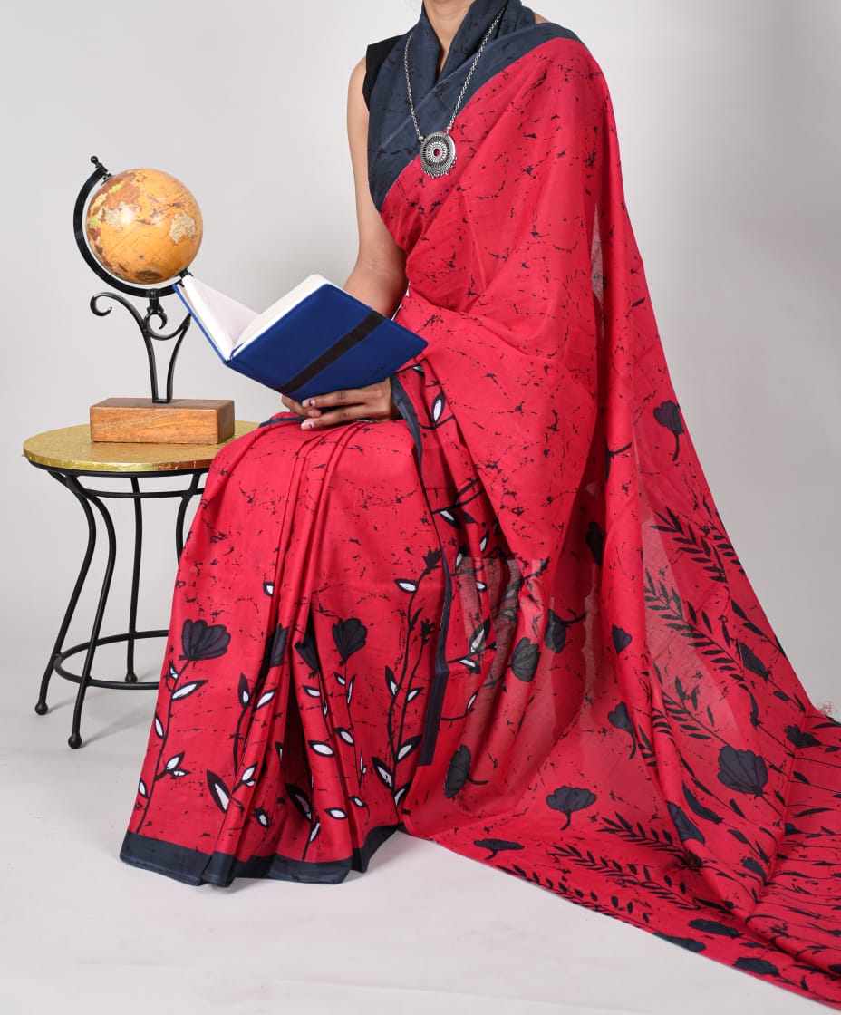 Bagru Natural Hand Block Print Cotton Mulmul Saree With Blouse Style 5