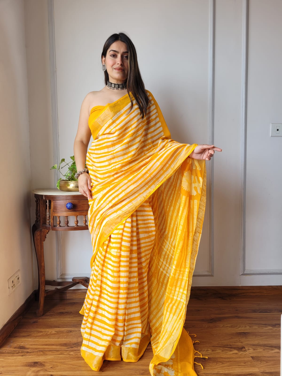 Bagru Hand Block Printed Linen Saree With Blouse Style 1