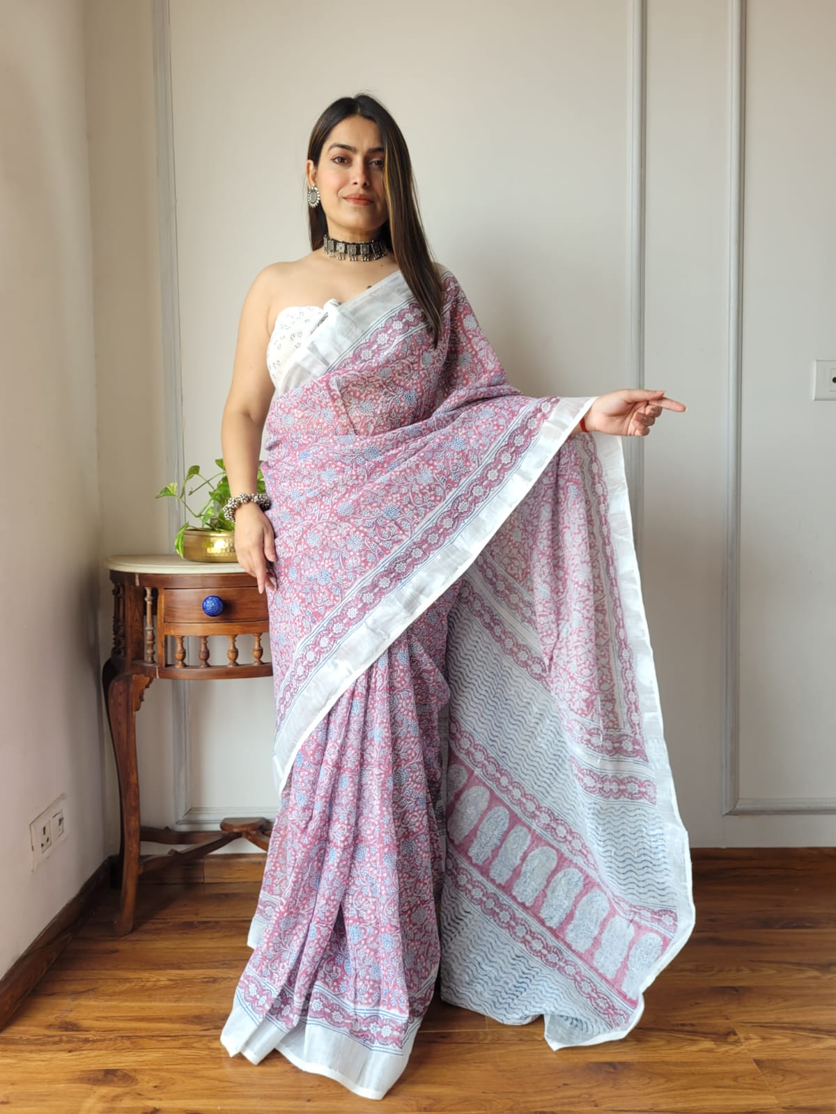 Bagru Hand Block Printed Linen Saree With Blouse Style 1