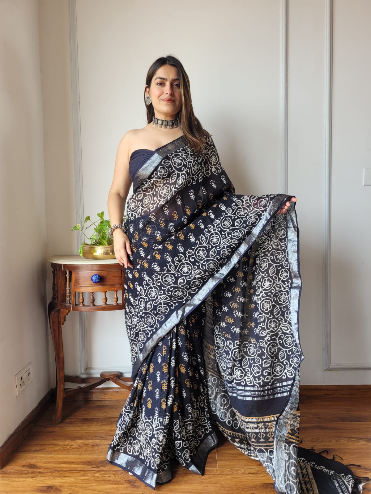 Bagru Hand Block Printed Linen Saree With Blouse Style 1