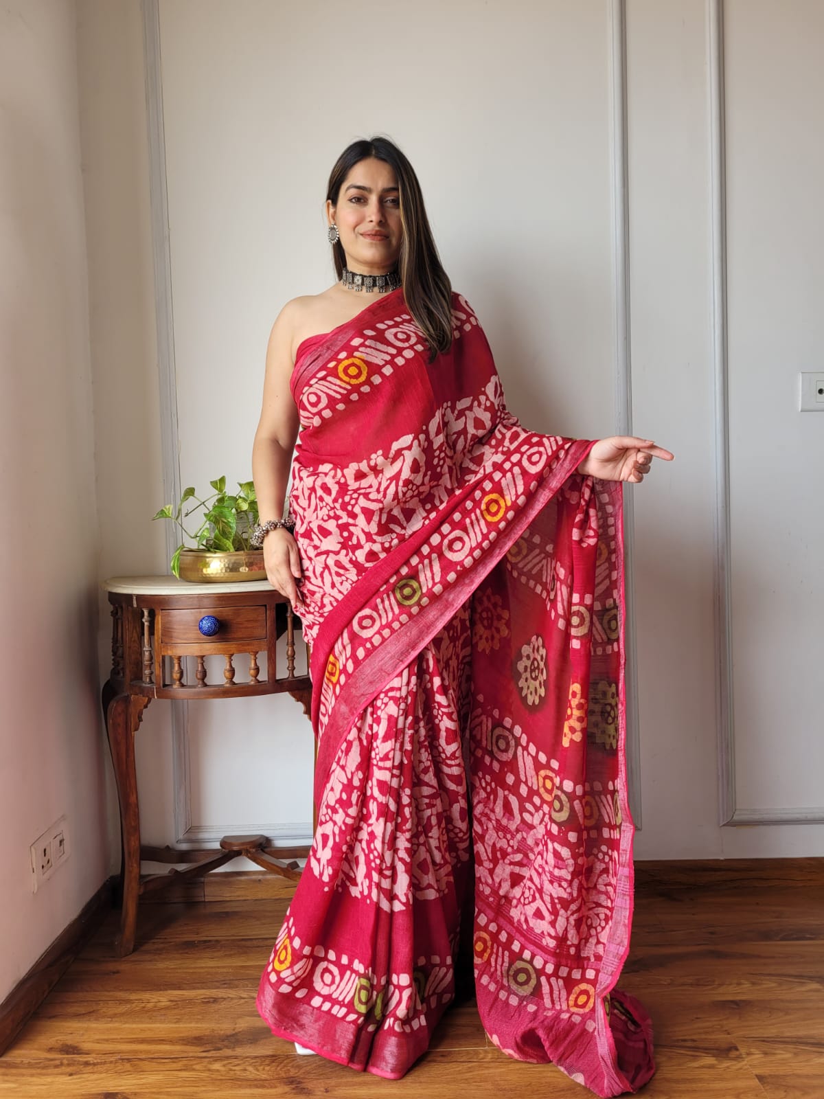 Bagru Hand Block Printed Linen Saree With Blouse Style 1