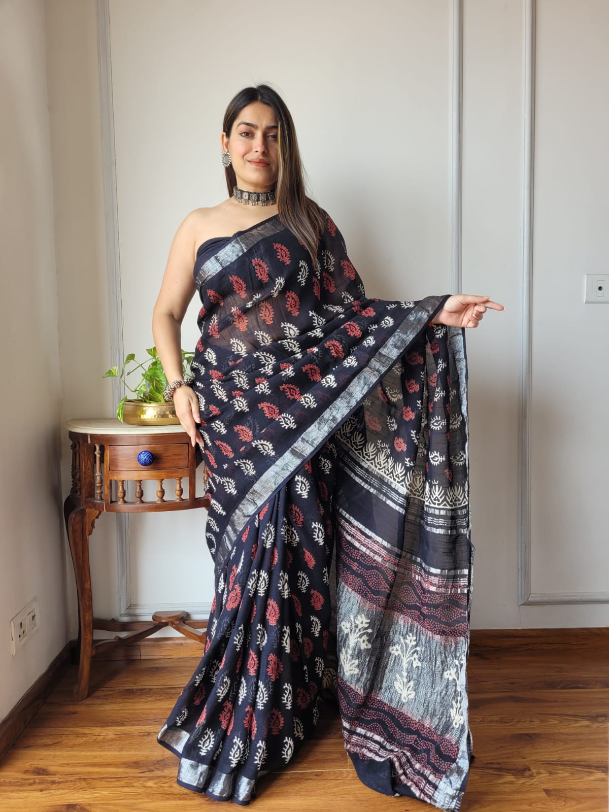 Bagru Hand Block Printed Linen Saree With Blouse Style 1
