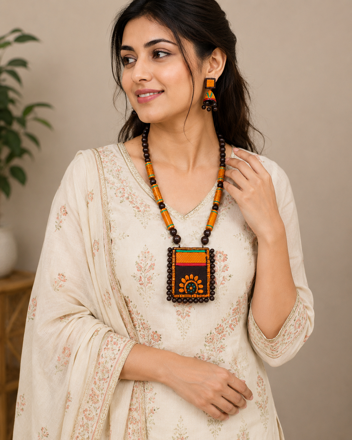 Brown Bankura Panchmura Terracotta Craft Necklace Jewellery Set