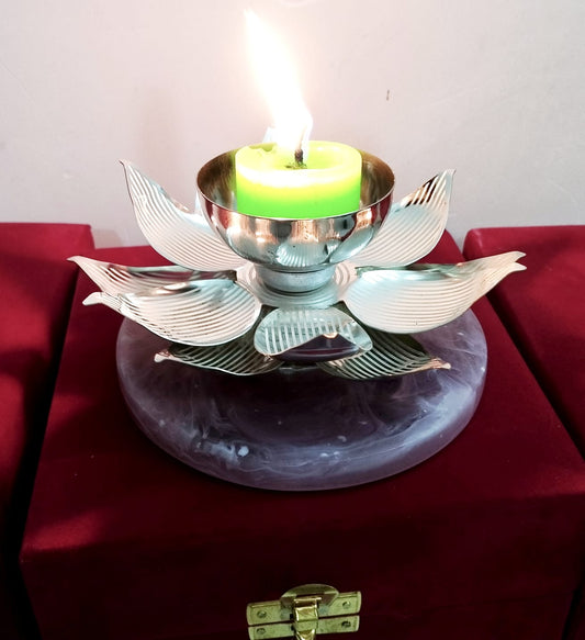 Premium Silver-Finish Lotus Tea-Light Holder (With Resin Base)