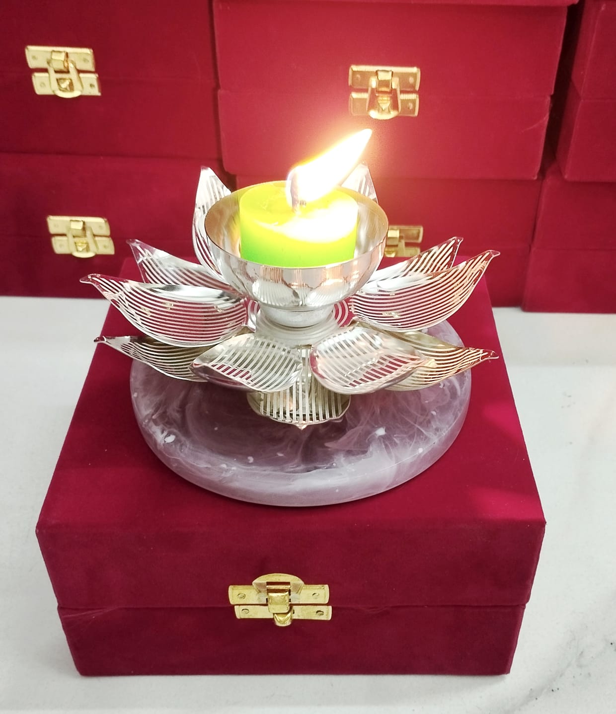 Premium Silver-Finish Lotus Tea-Light Holder (With Resin Base)