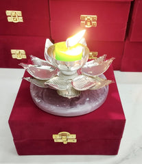 Premium Silver-Finish Lotus Tea-Light Holder (With Resin Base)