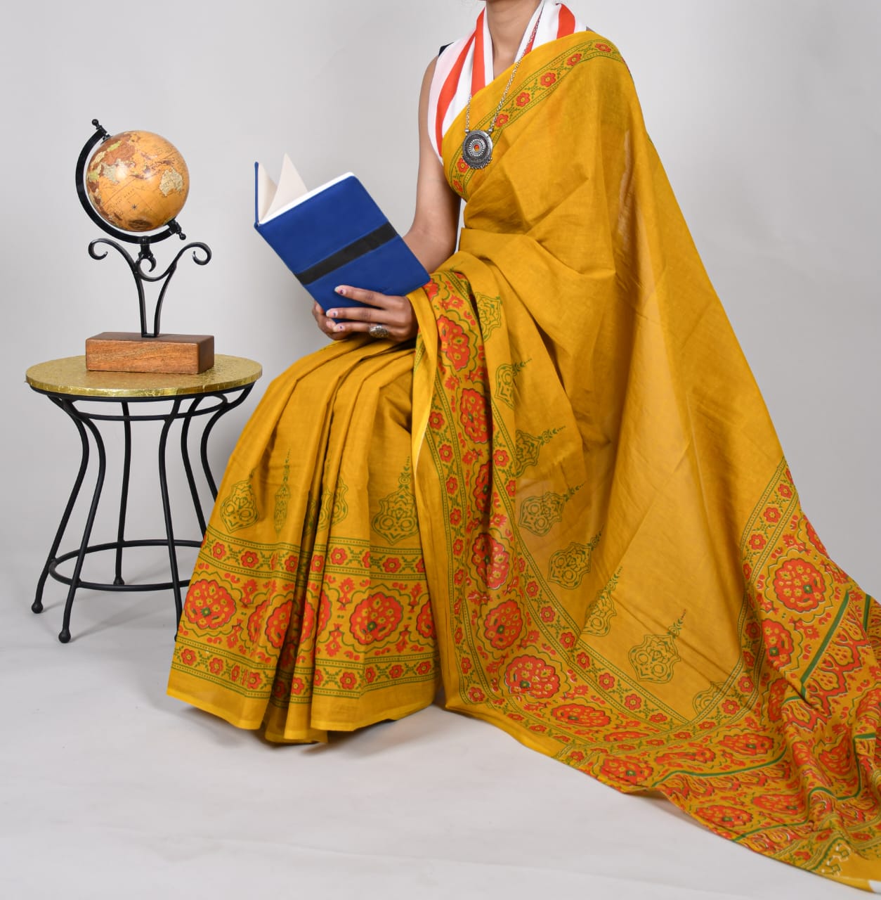 Bagru Natural Hand Block Print Cotton Mulmul Saree With Blouse Style 5