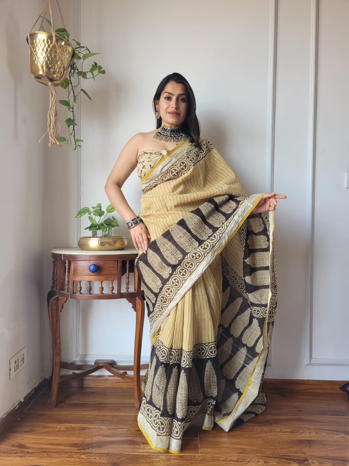 Bagru Hand Block Printed Linen Saree With Blouse