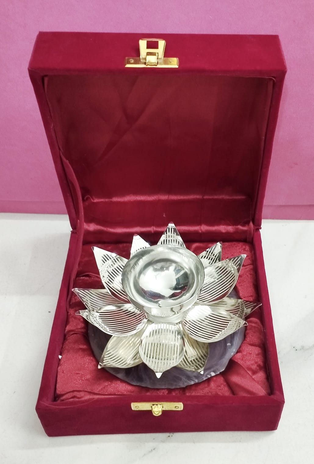 Premium Silver-Finish Lotus Tea-Light Holder (With Resin Base)