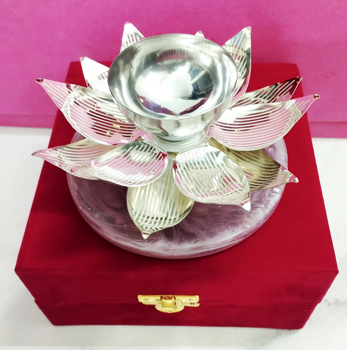 Premium Silver-Finish Lotus Tea-Light Holder (With Resin Base)