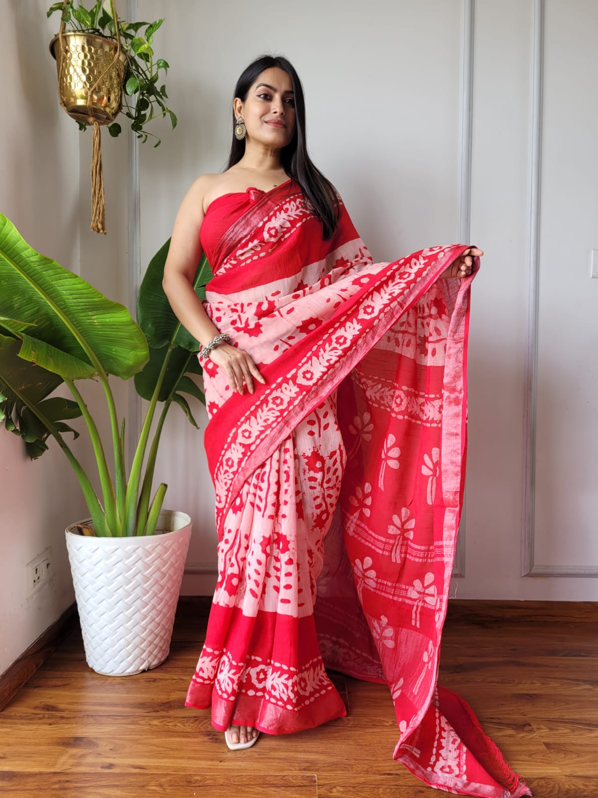 Bagru Hand Block Printed Linen Saree With Blouse Style 1