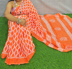 Bagru Natural Hand Block Print Cotton Mulmul Saree With Blouse Style 6