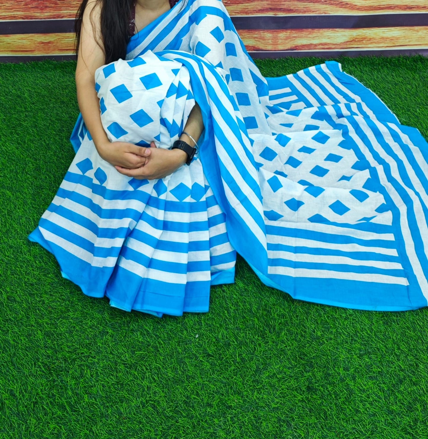 Bagru Natural Hand Block Print Cotton Mulmul Saree With Blouse Style 6