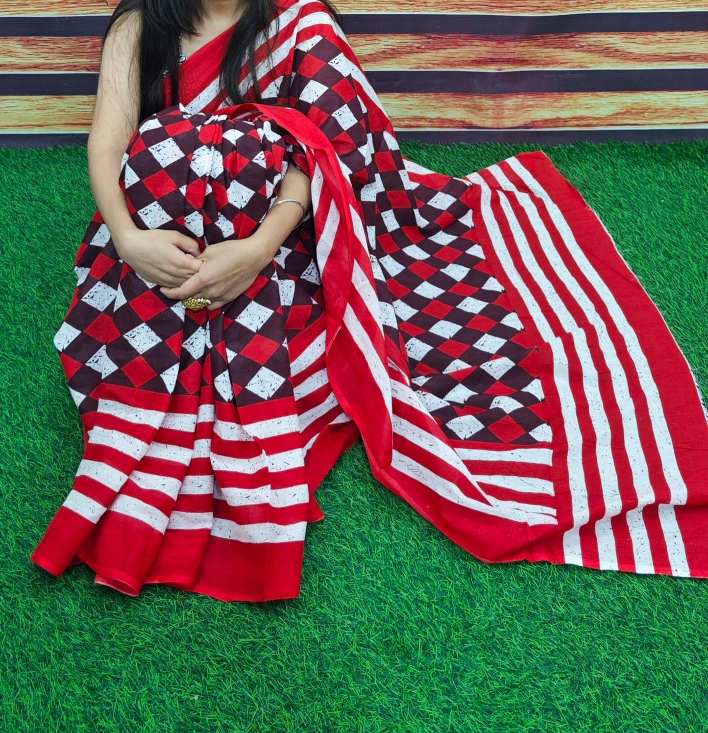 Bagru Natural Hand Block Print Cotton Mulmul Saree With Blouse Style 6
