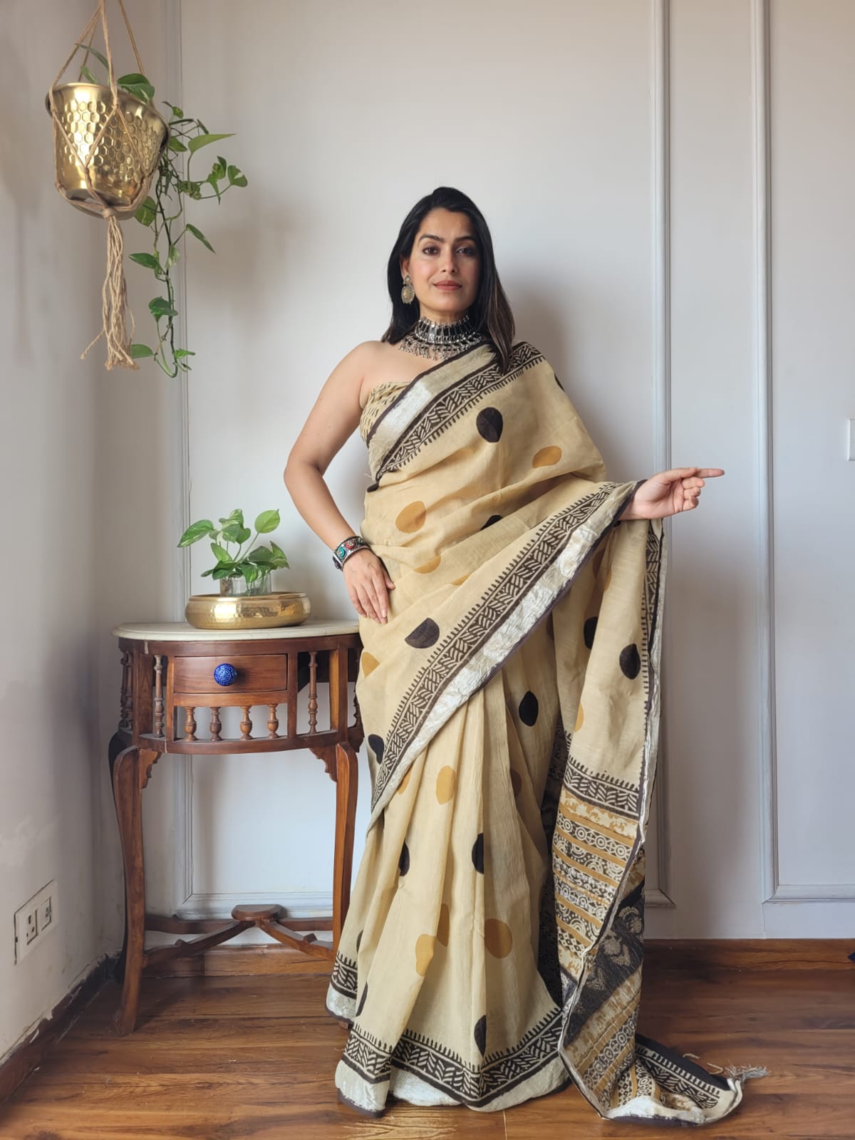 Bagru Hand Block Printed Linen Saree With Blouse