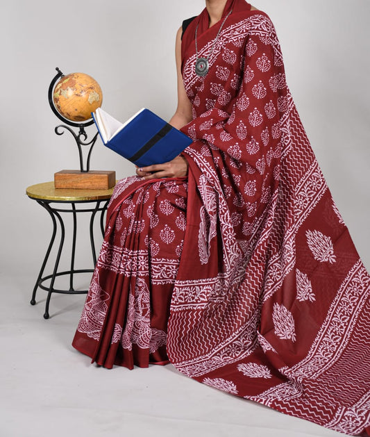 Bagru Natural Hand Block Print Cotton Mulmul Saree With Blouse