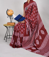 Bagru Natural Hand Block Print Cotton Mulmul Saree With Blouse
