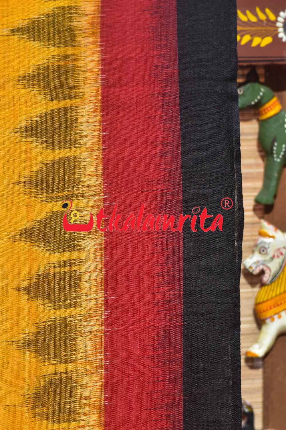Yellow Damru Double Border Khandua Cotton Saree