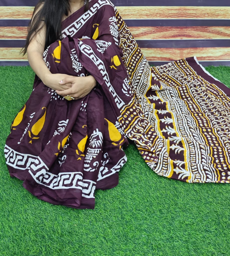 Bagru Natural Hand Block Print Cotton Mulmul Saree With Blouse Style 6