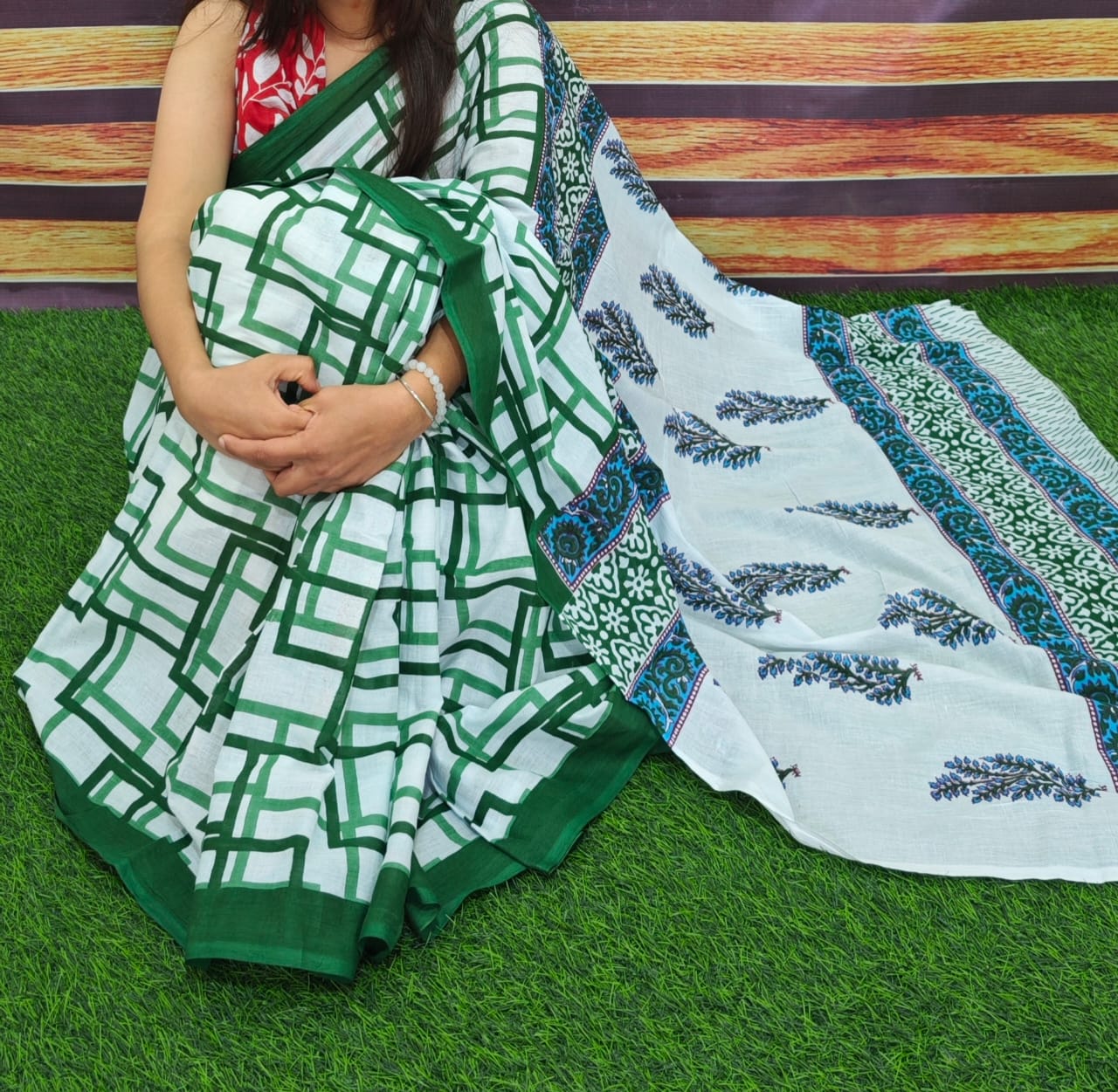 Bagru Natural Hand Block Print Cotton Mulmul Saree With Blouse Style 6