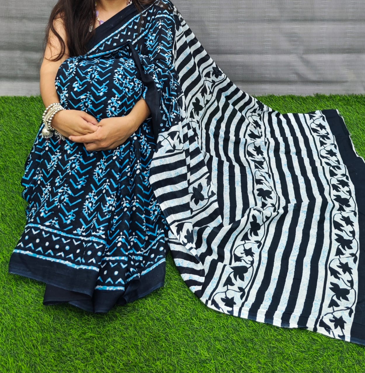 Bagru Natural Hand Block Print Cotton Mulmul Saree With Blouse Style 6
