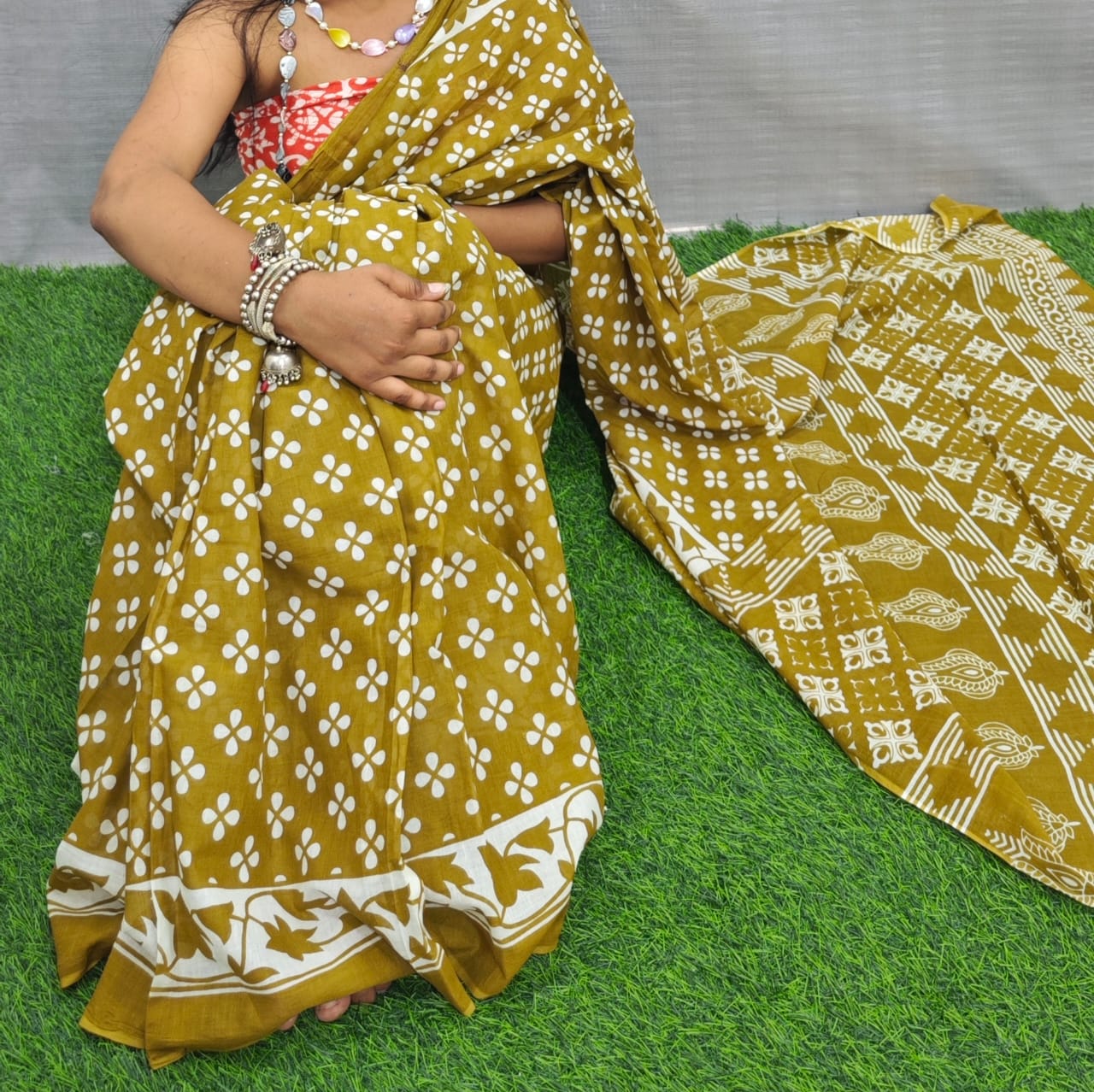 Bagru Natural Hand Block Print Cotton Mulmul Saree With Blouse Style 6