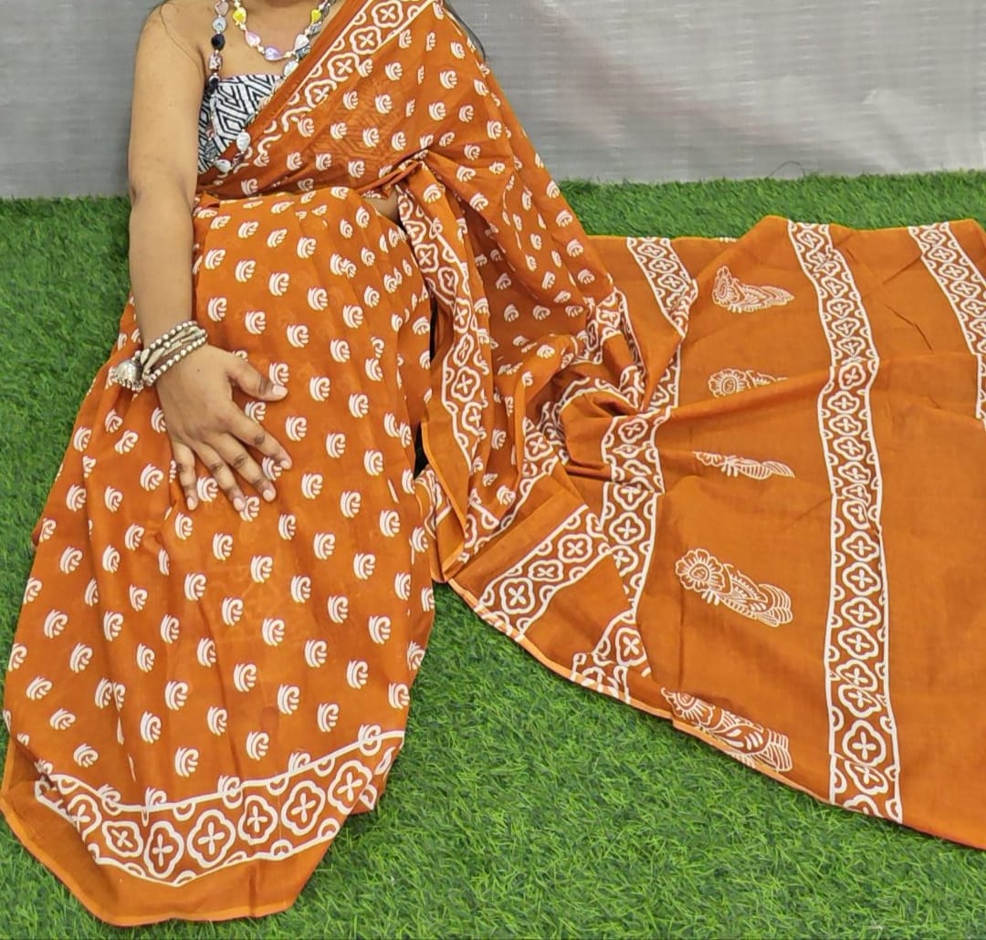 Bagru Natural Hand Block Print Cotton Mulmul Saree With Blouse Style 6