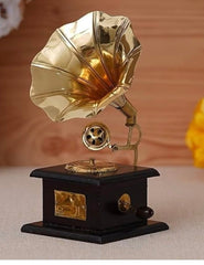 Vintage Brass And Wooden Showpiece Gramophone